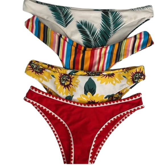 Bikini Bottoms SET of 4 Tropical Stripes Sunflowers Red S/M - Picture 1 of 17